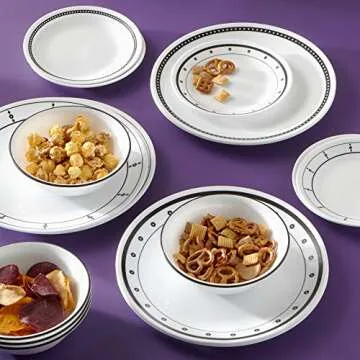 Corelle Vitrelle 18-Piece Service for 6 Dinnerware Set, Triple Layer Glass and Chip Resistant, Lightweight Round Plates and Bowls Set, Black and White