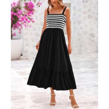 BTFBM Summer Maxi Dresses for Women 2025 Sleeveless Square Neck Smocked Flowy Long Beach Vacation Sundress with Pocket(Black, Medium)