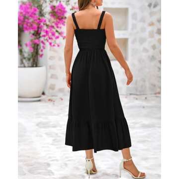 BTFBM Summer Maxi Dresses for Women 2025 Sleeveless Square Neck Smocked Flowy Long Beach Vacation Sundress with Pocket(Black, Medium)