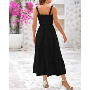 BTFBM Summer Maxi Dresses for Women 2025 Sleeveless Square Neck Smocked Flowy Long Beach Vacation Sundress with Pocket(Black, Medium)
