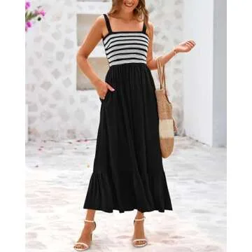 BTFBM Summer Maxi Dresses for Women 2025 Sleeveless Square Neck Smocked Flowy Long Beach Vacation Sundress with Pocket(Black, Medium)