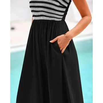 BTFBM Summer Maxi Dresses for Women 2025 Sleeveless Square Neck Smocked Flowy Long Beach Vacation Sundress with Pocket(Black, Medium)