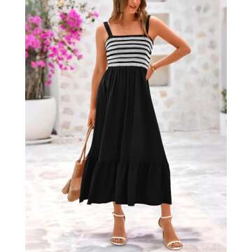 BTFBM Summer Maxi Dresses for Women 2025 Sleeveless Square Neck Smocked Flowy Long Beach Vacation Sundress with Pocket(Black, Medium)