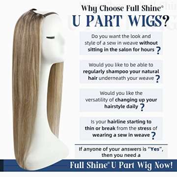 Full Shine U Part Wigs Ash Brown Highlights Platinum Blonde Half Part Wigs Hidden One Piece Hair Ext...