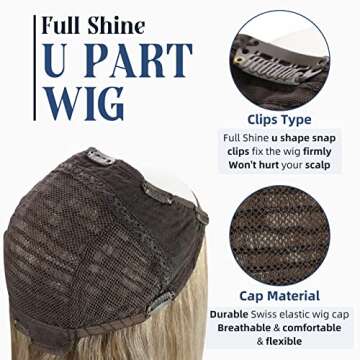 Full Shine U Part Wigs Ash Brown Highlights Platinum Blonde Half Part Wigs Hidden One Piece Hair Extensions With Clips 18Inch Straight Hair 150Grams