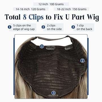 Full Shine U Part Wigs Ash Brown Highlights Platinum Blonde Half Part Wigs Hidden One Piece Hair Extensions With Clips 18Inch Straight Hair 150Grams