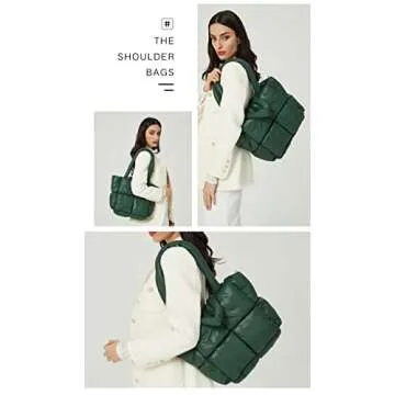 ZOSIVEB Large Puffer Tote Bag Winter Soft Puffer Down Padding Shoulder Bags Trendy Luxury Quilted Padded Handbags for Women (Green)