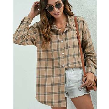 Bozanly Flannel Buffalo Plaid Shirts for Women Oversized Button Down Shacket Blouse Tops(0001-LightKhaki-S)