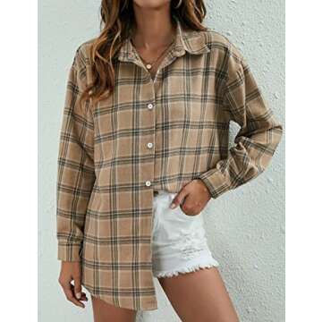 Bozanly Flannel Buffalo Plaid Shirts for Women Oversized Button Down Shacket Blouse Tops(0001-LightKhaki-S)