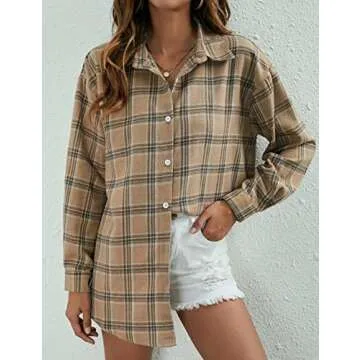 Bozanly Flannel Buffalo Plaid Shirts for Women Oversized Button Down Shacket Blouse Tops(0001-LightKhaki-S)