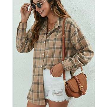 Bozanly Flannel Buffalo Plaid Shirts for Women Oversized Button Down Shacket Blouse Tops(0001-LightKhaki-S)