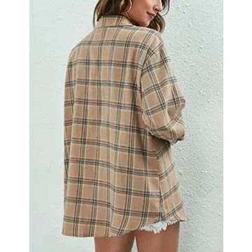 Bozanly Flannel Buffalo Plaid Shirts for Women Oversized Button Down Shacket Blouse Tops(0001-LightKhaki-S)