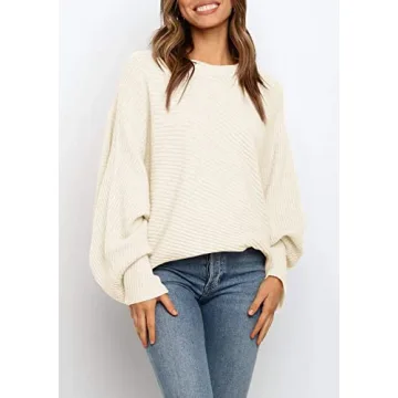 Mafulus Women's Oversized Crewneck Sweater Batwing Puff Long Sleeve Cable Slouchy Pullover Jumper Tops