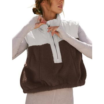 Yeokou Women Fleece Sherpa Vest Cropped Half Zip Sleeveless Warm Fuzzy Contrast Color Outwear Vest K...