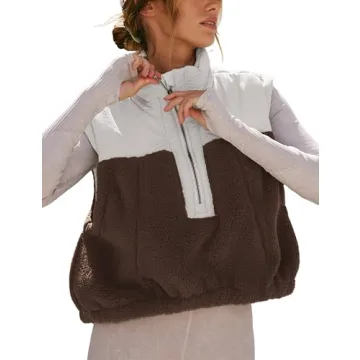 Yeokou Women Fleece Sherpa Vest Cropped Half Zip Sleeveless Warm Fuzzy Contrast Color Outwear Vest K...