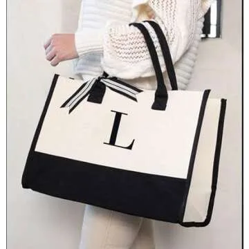 Mud Pie Black and White Initial Canvas Tote Bag (L)