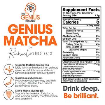 Genius Matcha Green Tea Powder, Unsweetened - Organic Ceremonial Grade, Authentic Japanese Culinary Matcha Mix with Lion’s Mane & Cordyceps Mushroom Extract For Energy & Focus Boost - RachaelsGoodEats