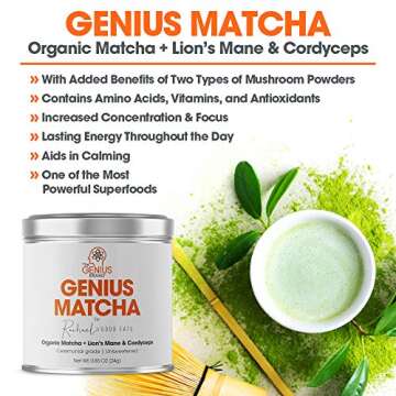 Genius Matcha Green Tea Powder, Unsweetened - Organic Ceremonial Grade, Authentic Japanese Culinary Matcha Mix with Lion’s Mane & Cordyceps Mushroom Extract For Energy & Focus Boost - RachaelsGoodEats