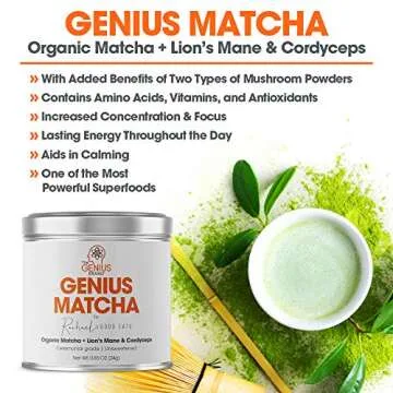 Genius Matcha Green Tea Powder, Unsweetened - Organic Ceremonial Grade, Authentic Japanese Culinary Matcha Mix with Lion’s Mane & Cordyceps Mushroom Extract For Energy & Focus Boost - RachaelsGoodEats