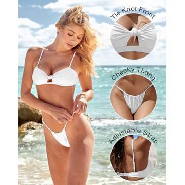 Honlyps Womens Brazilian Thong Sexy Bikini Sets Cheeky 2 Piece High Cut Swimsuit Bottoms Strapless Bandeau Bathing Suit Tops White