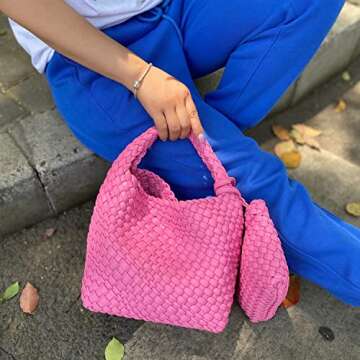 Handmade Woven Shoulder Bags for Women Cute Hobo Tote Handbag Mini Clutch Purse with Magnetic Buckle Crossbody Phone Bag (Cherry Blossom Powder)