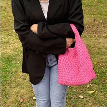 Handmade Woven Shoulder Bags for Women Cute Hobo Tote Handbag Mini Clutch Purse with Magnetic Buckle Crossbody Phone Bag (Cherry Blossom Powder)