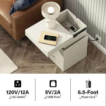 ChooChoo LED Nightstand with Charging Station, Smart Night Stand with Sliding Top Storage, 2-Drawers High Gloss Bedside Table, Modern End Table for Bedroom,White