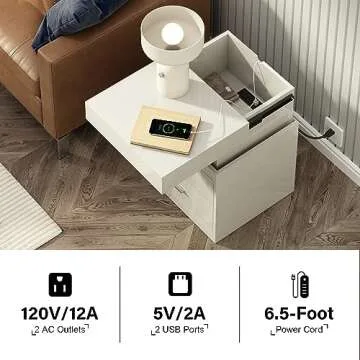 ChooChoo LED Nightstand with Charging Station, Smart Night Stand with Sliding Top Storage, 2-Drawers High Gloss Bedside Table, Modern End Table for Bedroom,White