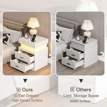 ChooChoo LED Nightstand with Charging Station, Smart Night Stand with Sliding Top Storage, 2-Drawers High Gloss Bedside Table, Modern End Table for Bedroom,White