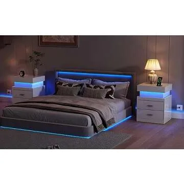 ChooChoo LED Nightstand with Charging Station, Smart Night Stand with Sliding Top Storage, 2-Drawers High Gloss Bedside Table, Modern End Table for Bedroom,White