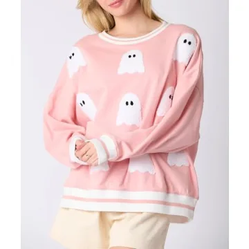 Argeousgor Women Halloween Sweatshirt Sequin Ghost Oversized Long Sleeve Sweater Pumpkin Pullover Tops Shirt(Light Pink,XL)
