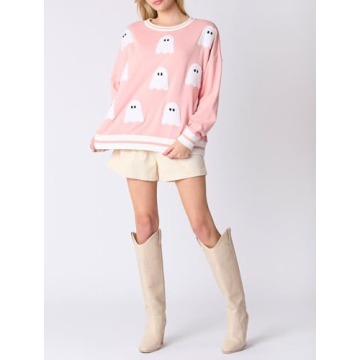 Argeousgor Women Halloween Sweatshirt Sequin Ghost Oversized Long Sleeve Sweater Pumpkin Pullover Tops Shirt(Light Pink,XL)