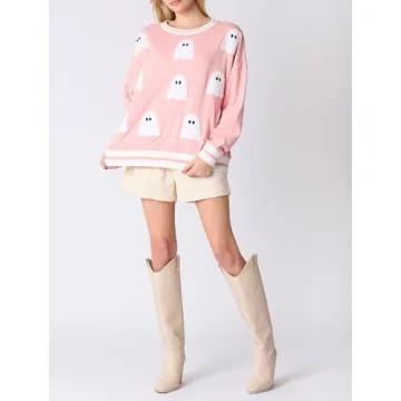 Argeousgor Women Halloween Sweatshirt Sequin Ghost Oversized Long Sleeve Sweater Pumpkin Pullover Tops Shirt(Light Pink,XL)