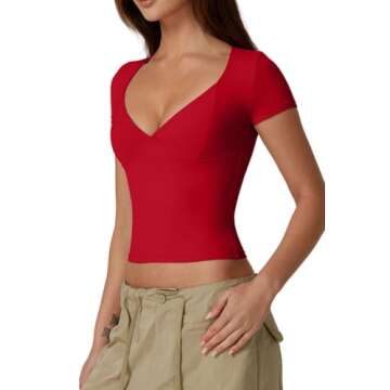 QINSEN Women's V Neck Short Sleeve T Shirts Double Lined Tee Seamed Cup Going Out Tops Red S