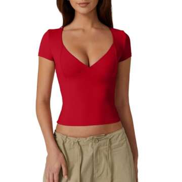 QINSEN Women's V Neck Short Sleeve T Shirts Double Lined Tee Seamed Cup Going Out Tops Red S