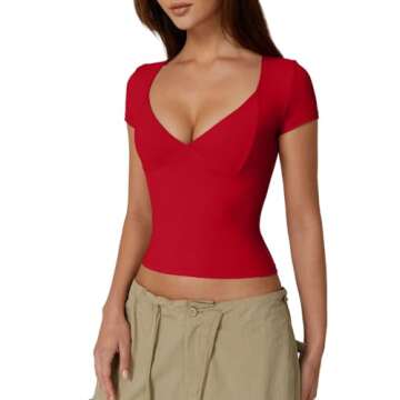 QINSEN Women's V Neck Short Sleeve T Shirts Double Lined Tee Seamed Cup Going Out Tops Red S