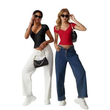 QINSEN Women's V Neck Short Sleeve T Shirts Double Lined Tee Seamed Cup Going Out Tops Red S
