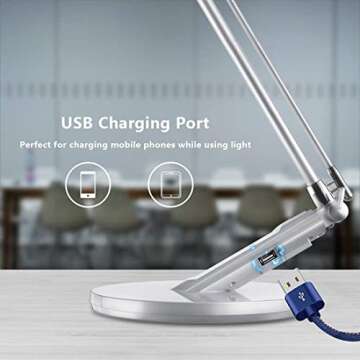 JUKSTG LED Desk Lamp, Eye-Caring Table Lamps,7 Brightness Levels Home Office Lamps with 4 Lighting Modes,USB Charging Port,1-H Auto Timer,Blue Light Filter,Touch Control,14W Reading Lamps,Silver