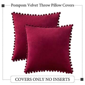 Woaboy Decorative Pillow Covers 18x18 Burgundy Throw Pillows Pack of 2 Cozy Soft Pom-poms Velvet Couch Pillow Covers Home Decor for Farmhouse Cushion Sofa Bedroom