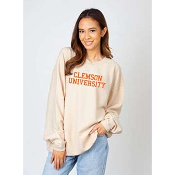 chicka-d NCAA Clemson Tigers Womens Corded Crew Pullover Sweatshirt, Natural, Small (443_NC_CB)