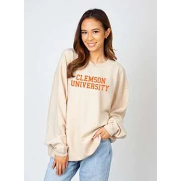 chicka-d NCAA Clemson Tigers Womens Corded Crew Pullover Sweatshirt, Natural, Small (443_NC_CB)