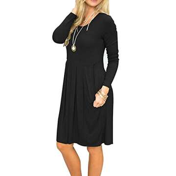 AUSELILY Women's Long Sleeve Pleated Loose Swing Casual Dress with Pockets Knee Length (L, Black)