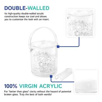 Huang Acrylic Double Wall Ice Bucket with Lid and Ice Tongs 1 1/2 Qt | Great for Home Bar, Chilling Beer, Champagne, Wine Bottle