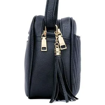 KKXIU Quilted Double Compartment Multiple Pocket Crossbody Bag for Women and Teen Girls Stylish Shoulder Purse with Tassel (c-black)