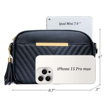 KKXIU Quilted Double Compartment Multiple Pocket Crossbody Bag for Women and Teen Girls Stylish Shoulder Purse with Tassel (c-black)