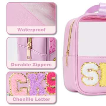 Snack bags, Snack Pouch Chenille Letter Patch Clear Bag, Snack Bag for travel, Preppy Cosmetic Bag Clear Snack pouch with Zipper, Toiletry Bags for Traveling women, Clear Travel Bags for Toiletries