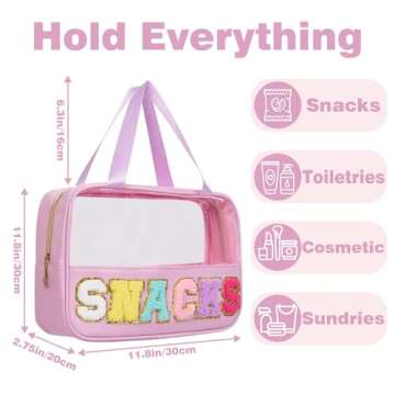 Snack bags, Snack Pouch Chenille Letter Patch Clear Bag, Snack Bag for travel, Preppy Cosmetic Bag Clear Snack pouch with Zipper, Toiletry Bags for Traveling women, Clear Travel Bags for Toiletries