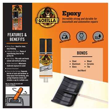Gorilla 2 Part Epoxy, 5 Minute Set, Incredibly Strong Bonding, .85 Ounce Syringe, Clear, (Pack of 2)