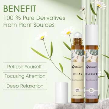 Essential Oils Roll On Set 6 Pack -(Relax, Sleep, Balance,Breathe, Focus on, Happiness) Aromatherapy Oil with Roller Ball,Essential Oils Blends for Skin - Relaxation Gift for Women and Men