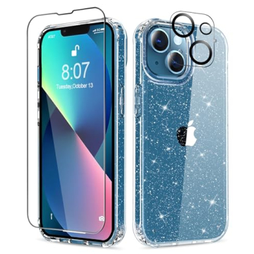 MIODIK for iPhone 13 Case with Screen Protector + Camera Lens Protector, Clear Glitter [Non Yellowin...